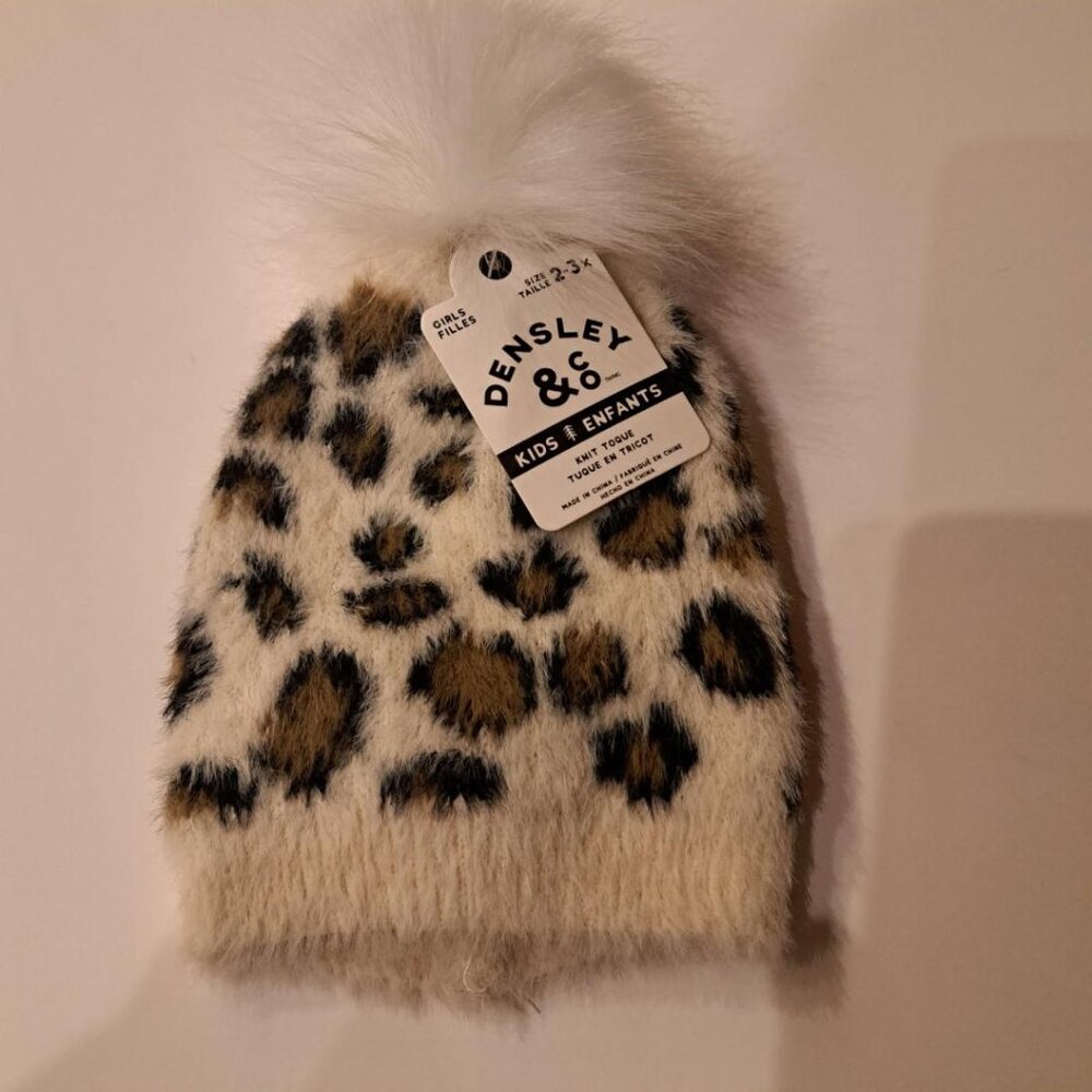 Densley girls' knit tuque (beanie) girl 2-3 animal print faux-fur pom-pom NWT